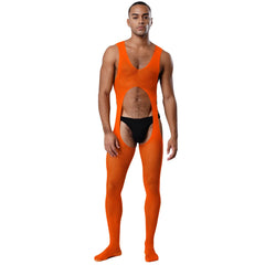 a sexy man in orange cutout sheer bodystocking, mesh fabric and open chest panels, bold playful style – pridevoyageshop.com – gay men’s harness, lingerie and fetish wear