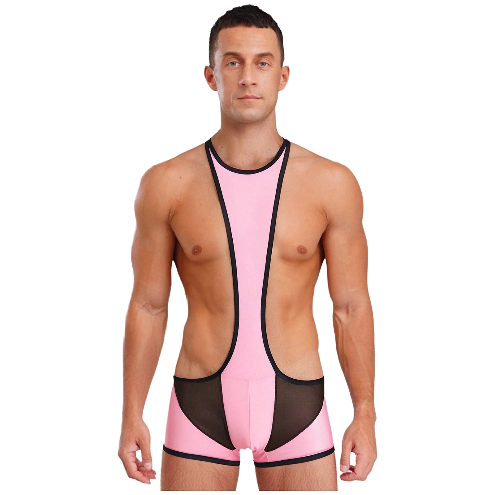 a sexy man in pink Men’s Glimpse Cutout Mesh Singlet – pridevoyageshop.com – gay men’s harness, lingerie and fetish wear