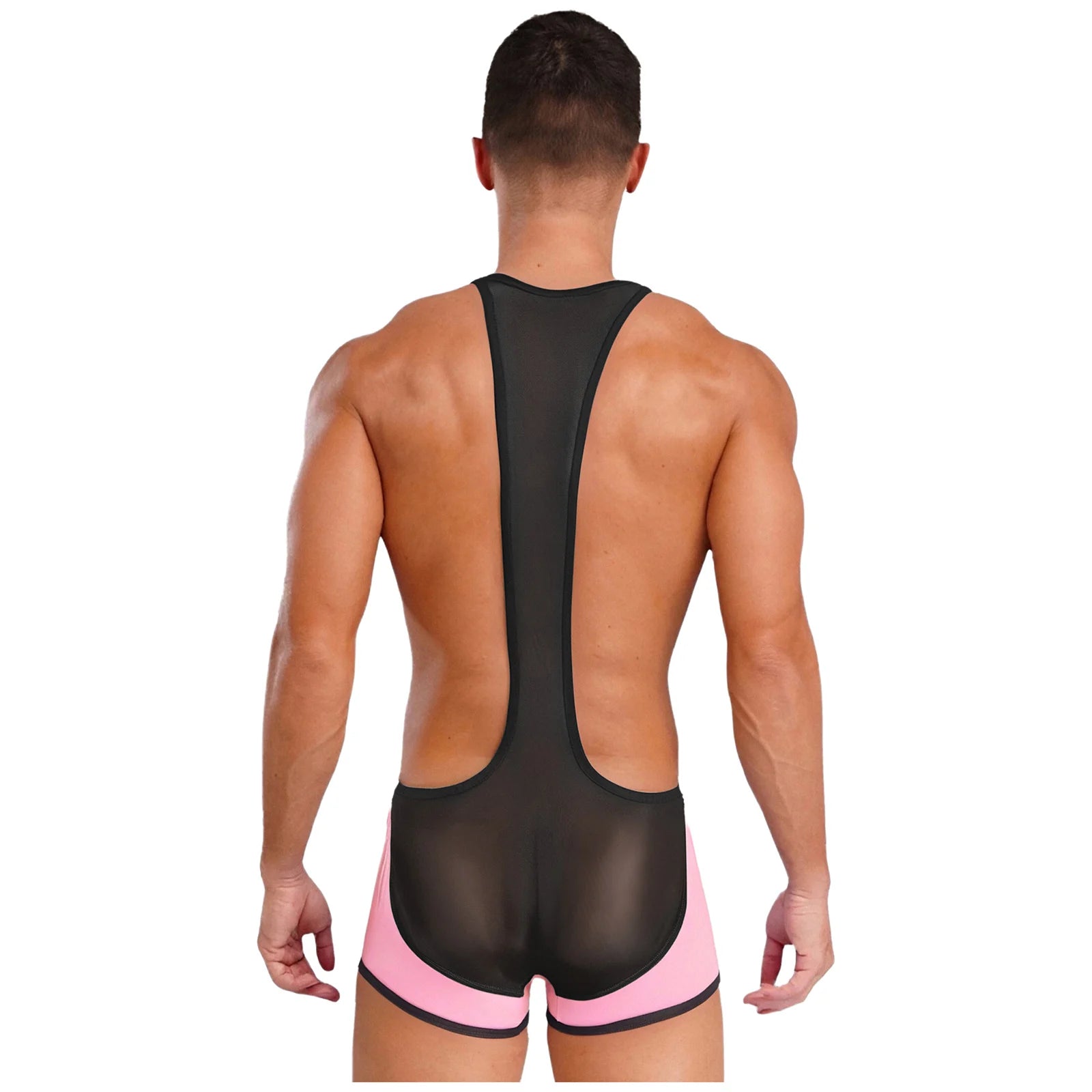 a sexy man in pink Men’s Glimpse Cutout Mesh Singlet – pridevoyageshop.com – gay men’s harness, lingerie and fetish wear