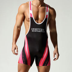a sexy man in pink Men’s Trophy Boy Racing Stripe Singlet – pridevoyageshop.com – gay men’s harness, lingerie and fetish wear