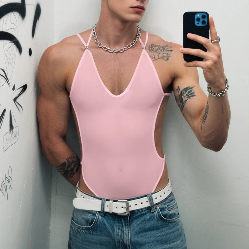 a sexy man in pink Night Shift Keyhole Halter Bodysuit with chest keyhole cut-out and curve-hugging silhouette, showing toned chest and waist – pridevoyageshop.com – gay men’s harness, lingerie and fetish wear