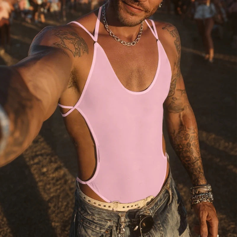 a sexy man in pink Night Shift Keyhole Halter Bodysuit with chest keyhole cut-out and curve-hugging silhouette, showing toned chest and waist – pridevoyageshop.com – gay men’s harness, lingerie and fetish wear
