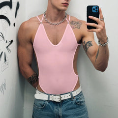 a sexy man in pink Night Shift Keyhole Halter Bodysuit with chest keyhole cut-out and curve-hugging silhouette, showing toned chest and waist – pridevoyageshop.com – gay men’s harness, lingerie and fetish wear