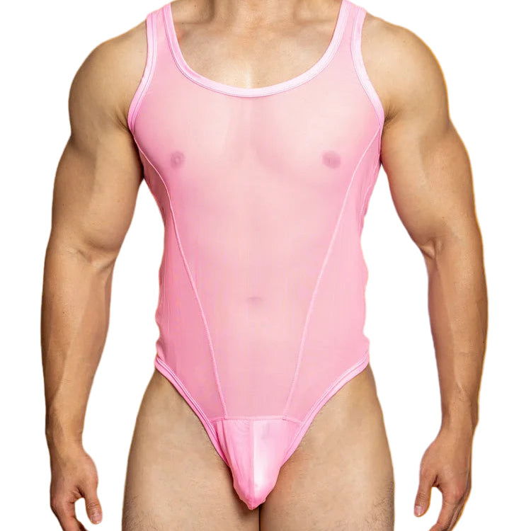 a sexy man in pink Power Tank Mesh Bodysuit – pridevoyageshop.com – gay men’s harness, lingerie and fetish wear