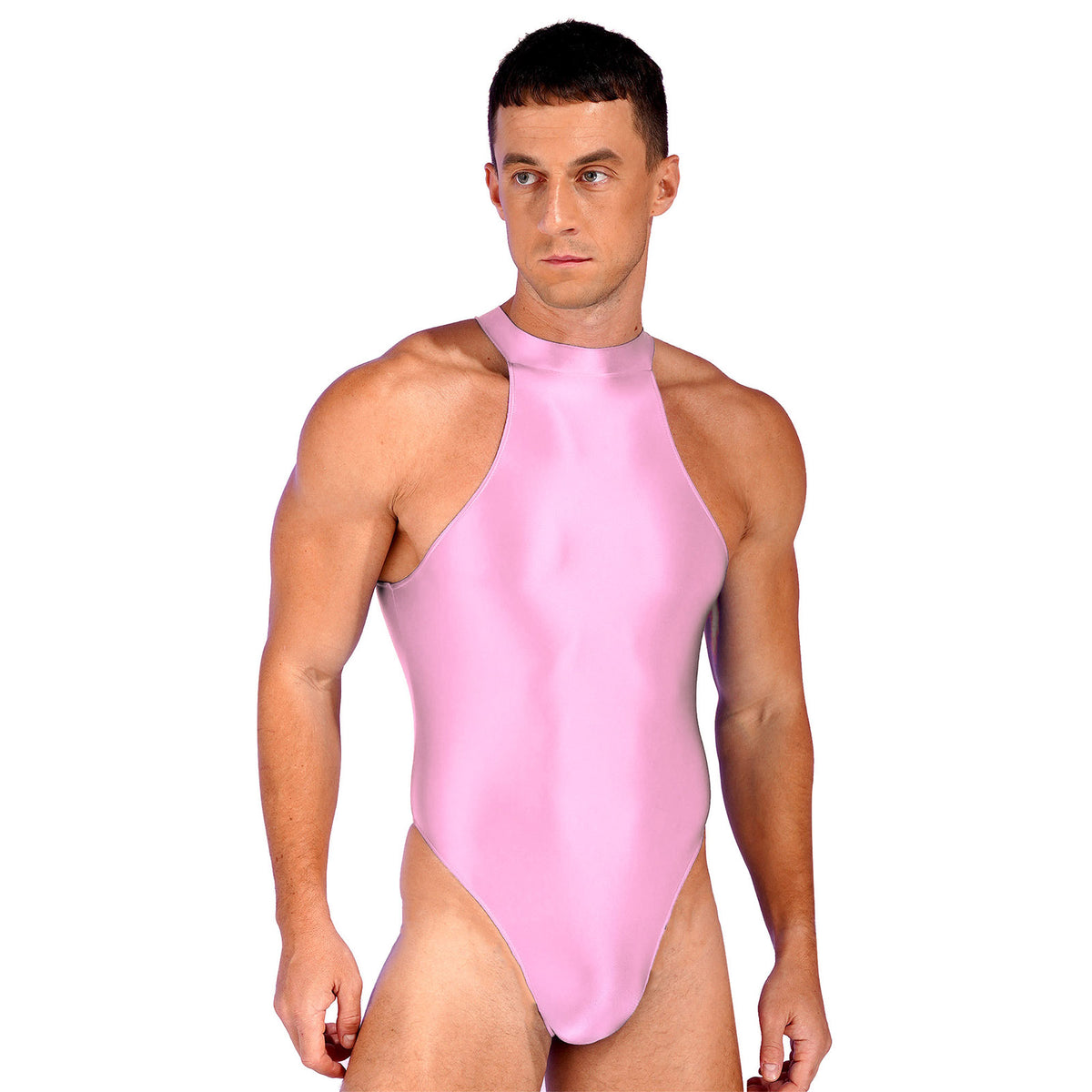 a sexy man in pink Profile High-Neck Halter Leotard showing sleek halter neckline and sculpted torso, high-cut fit – pridevoyageshop.com – gay men’s harness, lingerie and fetish wear