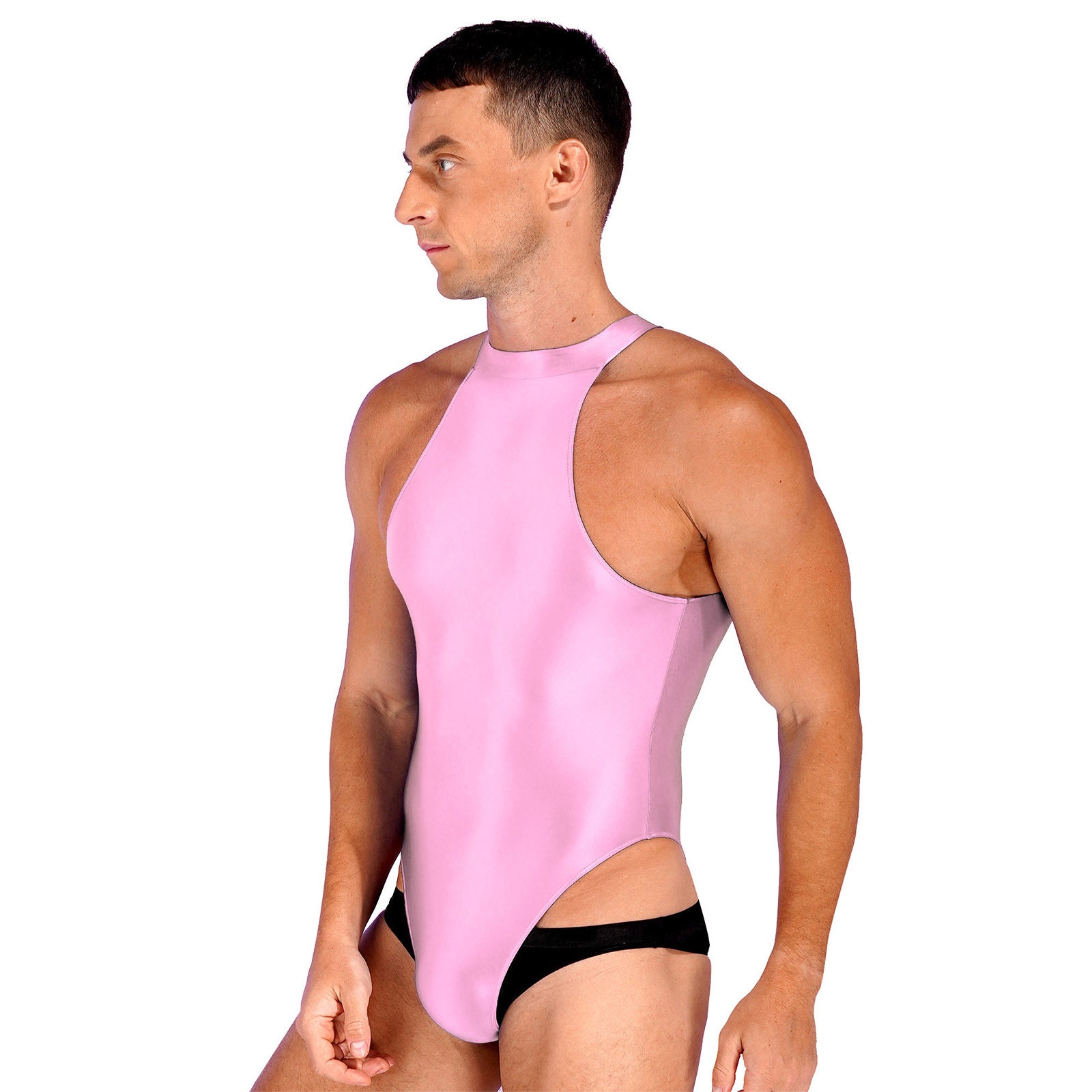 a sexy man in pink Profile High-Neck Halter Leotard showing sleek halter neckline and sculpted torso, high-cut fit – pridevoyageshop.com – gay men’s harness, lingerie and fetish wear