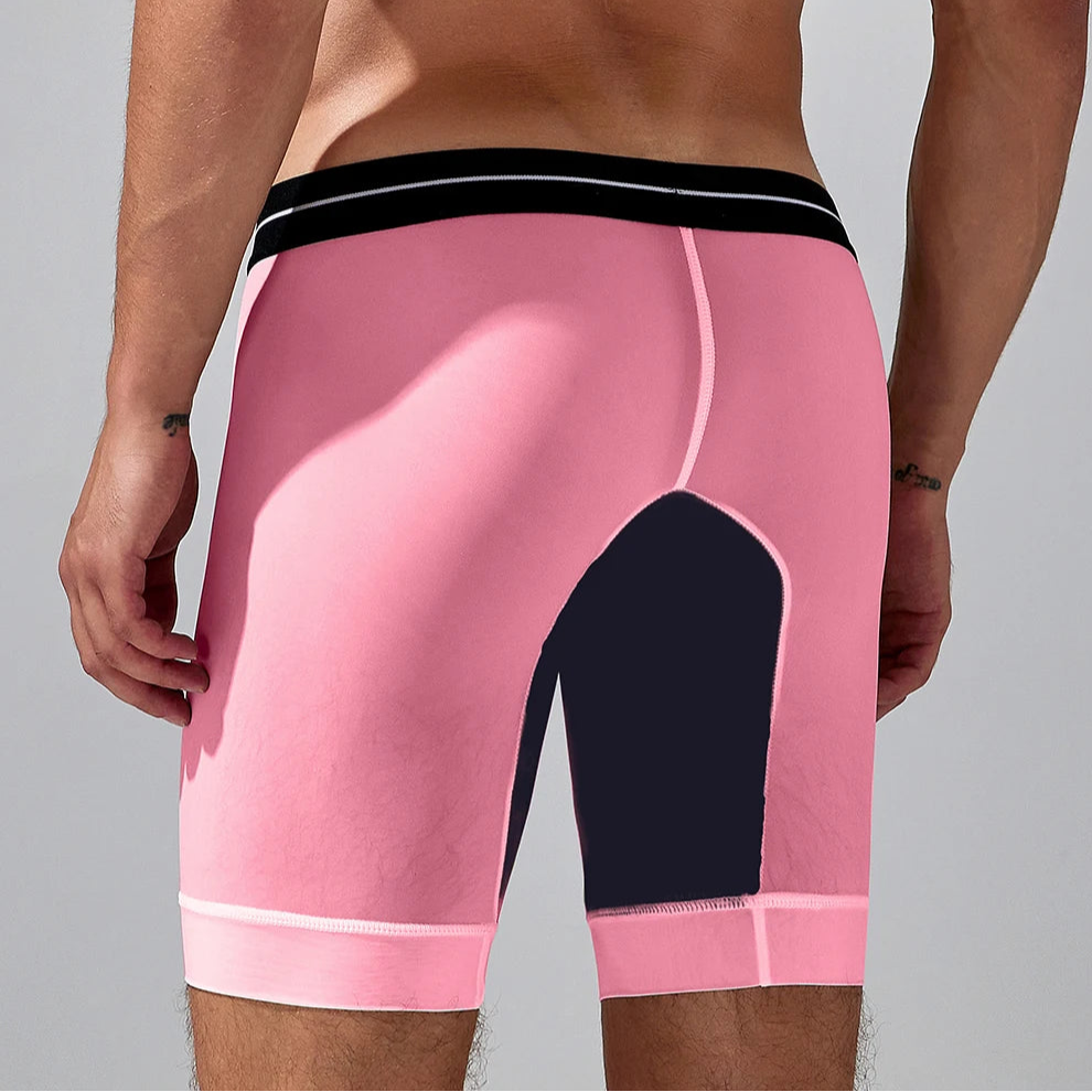 a sexy man in pink SEOBEAN Men’s Dominion Long Sheer Boxer Briefs – pridevoyageshop.com – gay men’s sexy swim briefs, trunks, board shorts, and bikinis