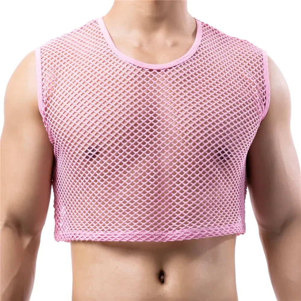 a sexy man in pink Short Circuit Net Crop - pridevoyageshop.com - gay men’s harness, lingerie and fetish wear