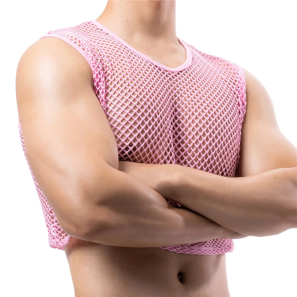 a sexy man in pink Short Circuit Net Crop - pridevoyageshop.com - gay men’s harness, lingerie and fetish wear