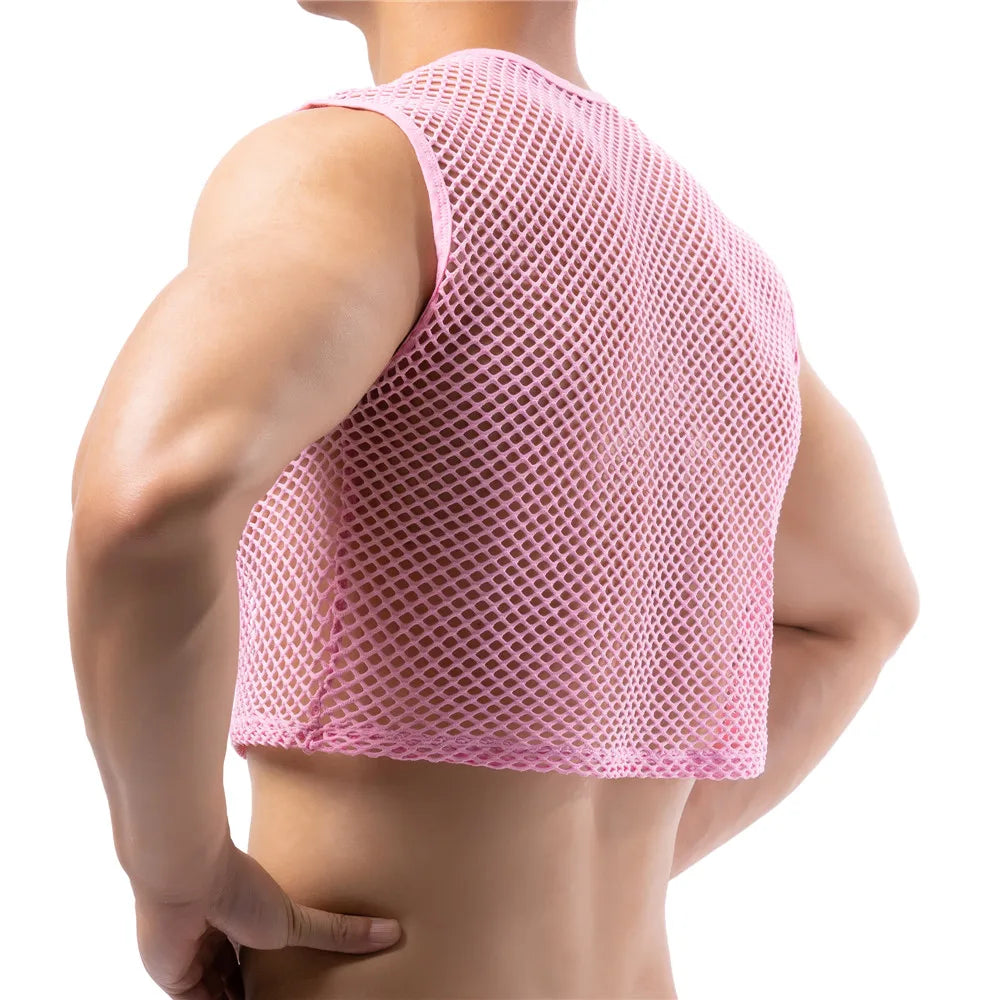 a sexy man in pink Short Circuit Net Crop - pridevoyageshop.com - gay men’s harness, lingerie and fetish wear