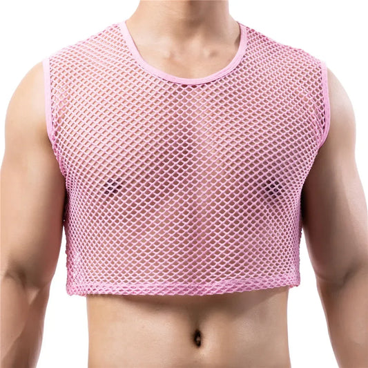 a sexy man in pink Short Circuit Net Crop - pridevoyageshop.com - gay men’s harness, lingerie and fetish wear