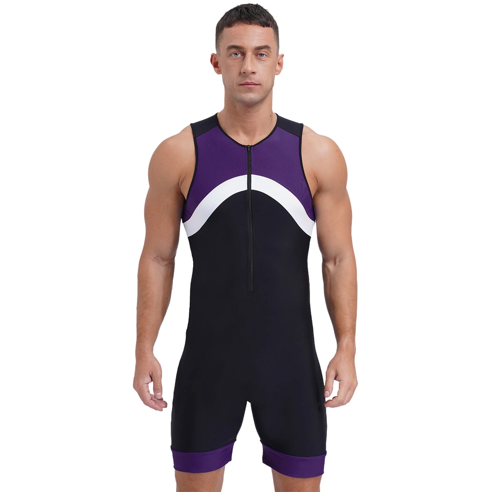 a sexy man in purple Men’s Undertow Wave-Zip Bodysuit – pridevoyageshop.com – gay men’s harness, lingerie and fetish wear