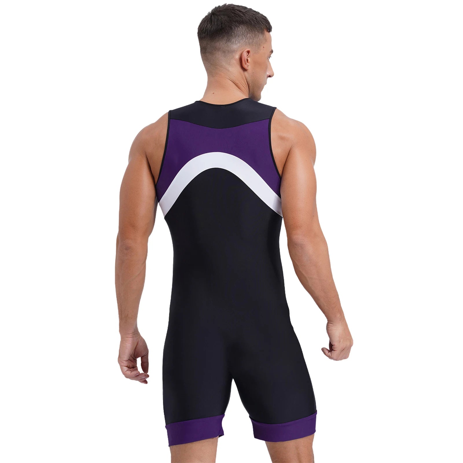 a sexy man in purple Men’s Undertow Wave-Zip Bodysuit – pridevoyageshop.com – gay men’s harness, lingerie and fetish wear