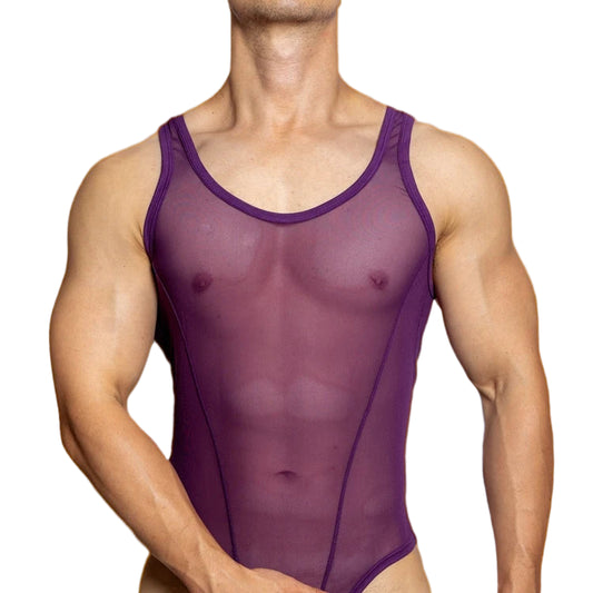 a sexy man in purple Power Tank Mesh Bodysuit – pridevoyageshop.com – gay men’s harness, lingerie and fetish wear