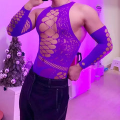 a sexy man in purple butterfly lace corset set with garter straps and thong, romantic lace wings on torso – pridevoyageshop.com – gay men’s harness, lingerie and fetish wear
