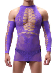 a sexy man in purple butterfly lace corset set with garter straps and thong, romantic lace wings on torso – pridevoyageshop.com – gay men’s harness, lingerie and fetish wear