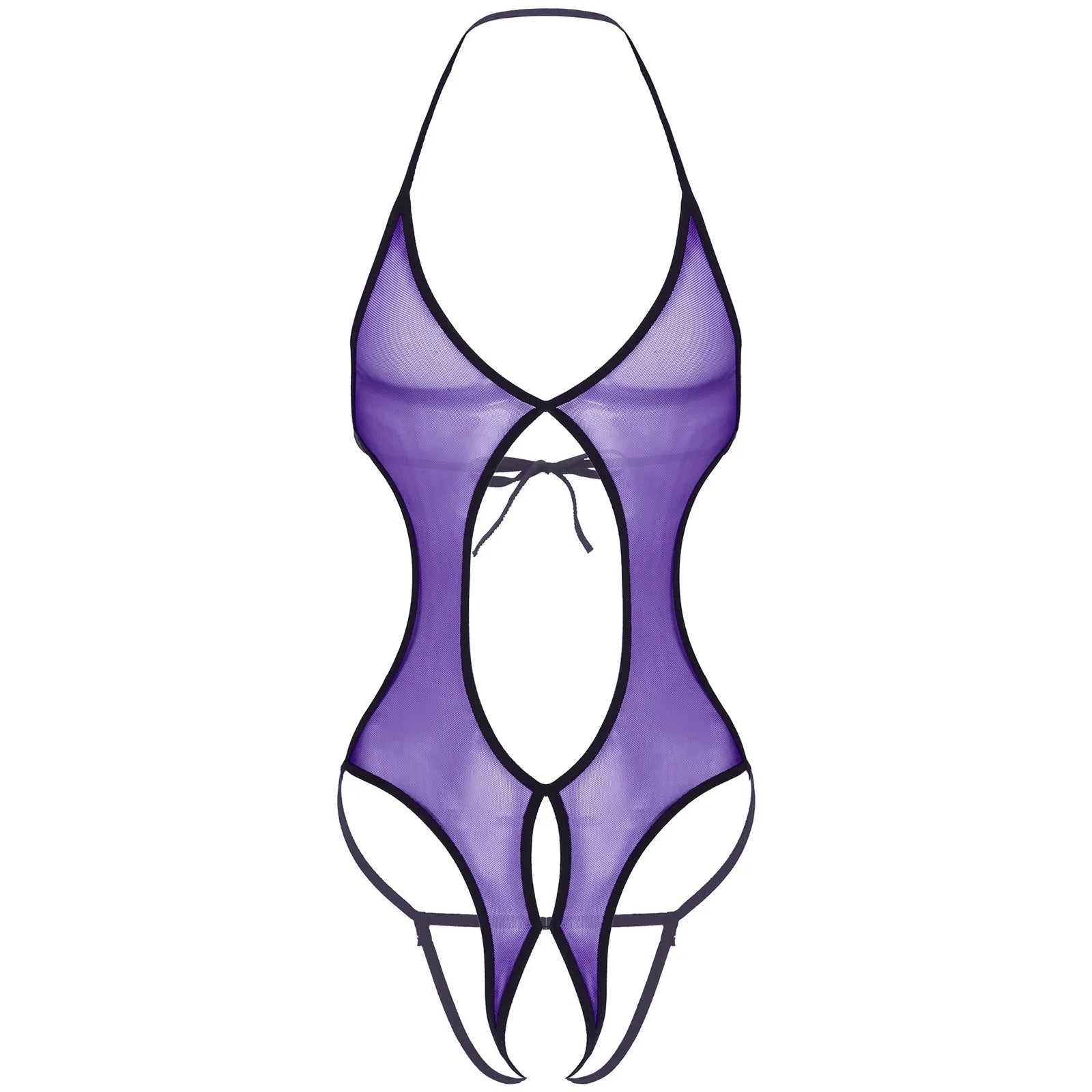 a sexy man in purple sheer lace-up bodysuit, lace bust and mesh body, playful sissy glam – pridevoyageshop.com – gay men’s harness, lingerie and fetish wear