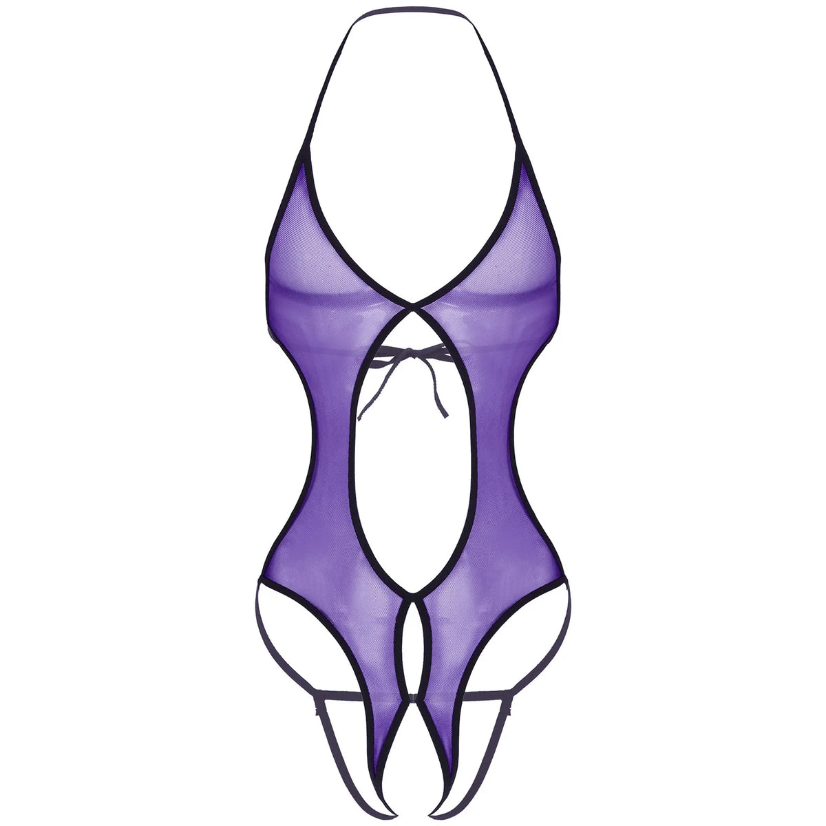 a sexy man in purple sheer lace-up bodysuit, lace bust and mesh body, playful sissy glam – pridevoyageshop.com – gay men’s harness, lingerie and fetish wear
