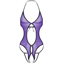 a sexy man in purple sheer lace-up bodysuit, lace bust and mesh body, playful sissy glam – pridevoyageshop.com – gay men’s harness, lingerie and fetish wear