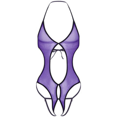 a sexy man in purple sheer lace-up bodysuit, lace bust and mesh body, playful sissy glam – pridevoyageshop.com – gay men’s harness, lingerie and fetish wear