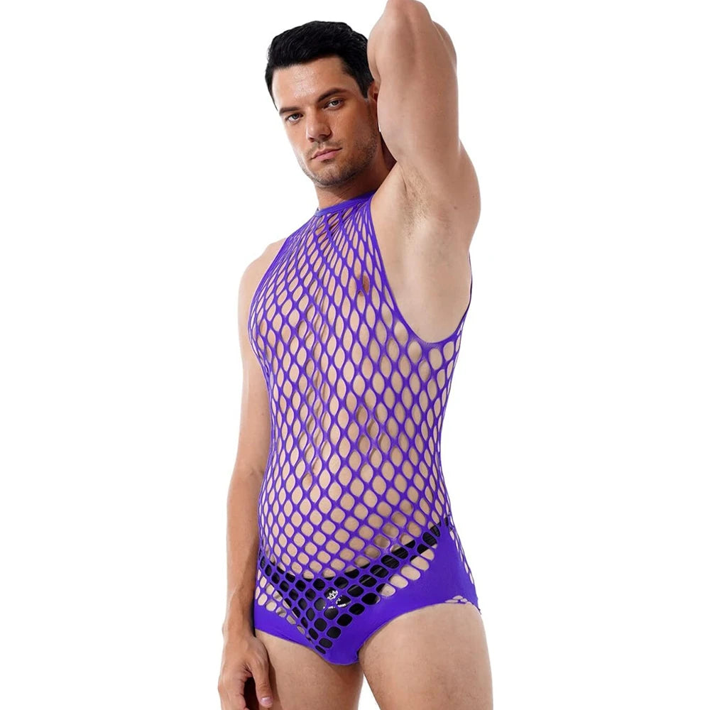 a sexy man in purple wide-net tank bodysuit, bold mesh net showing torso and curves, playful fetish vibe – pridevoyageshop.com – gay men’s harness, lingerie and fetish wear