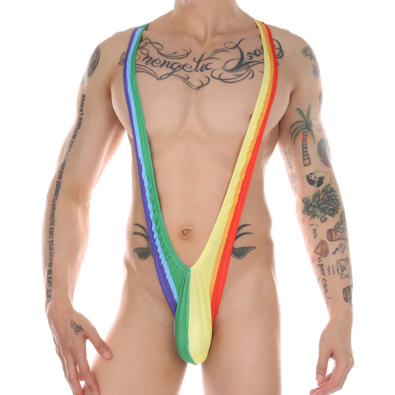 a sexy man in rainbow Maximum Rainbow sling-thong, ultra-low micro cut, bold gay pride colors, exposed chest and back, extreme bulge pouch and thong back – pridevoyageshop.com – gay men’s harness, lingerie and fetish wear