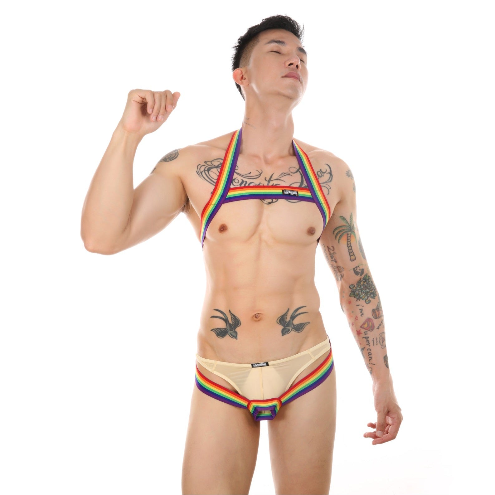a sexy man in rainbow The Celebration Rainbow Pride Harness – pridevoyageshop.com – gay men’s harness, lingerie and fetish wear