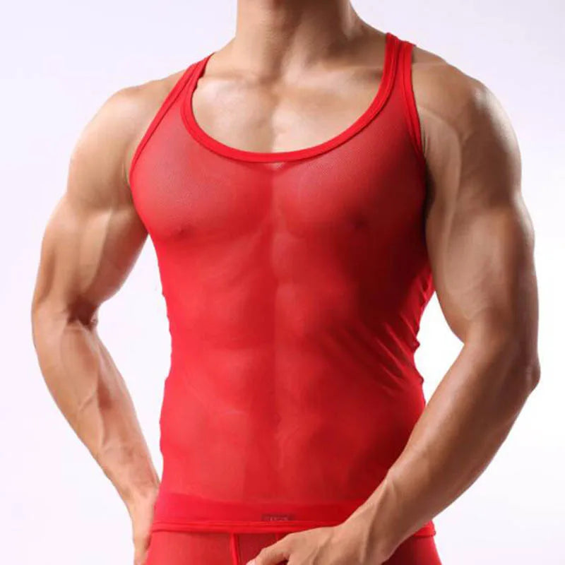 a sexy man in red Bois Veil Sheer Tank – pridevoyageshopcom – gay mens clubwear mesh tanks crop tops fashion tops partywear activewear