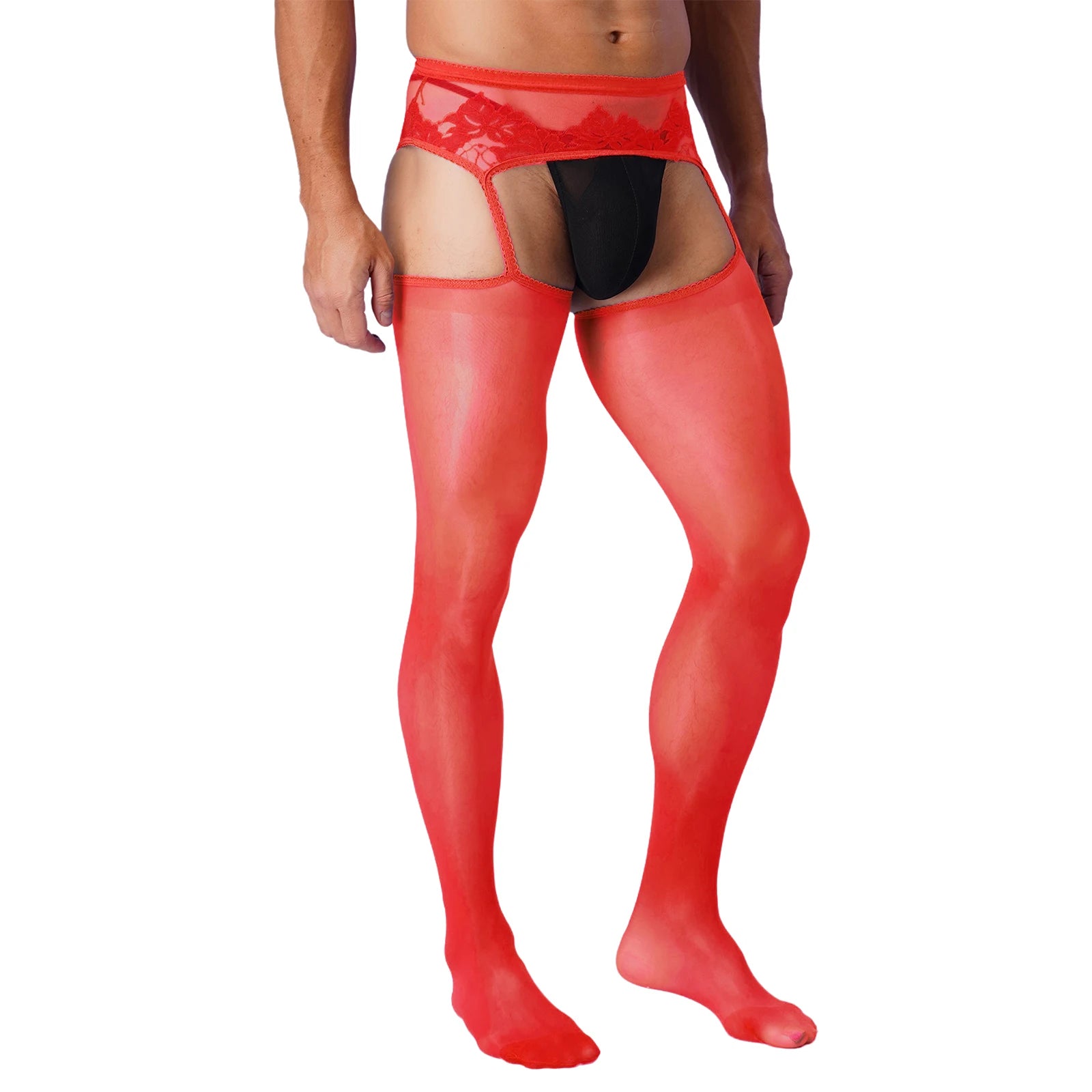 a sexy man in red Club Darling Garter Hose - pridevoyageshop.com - gay men’s harness, lingerie and fetish wear