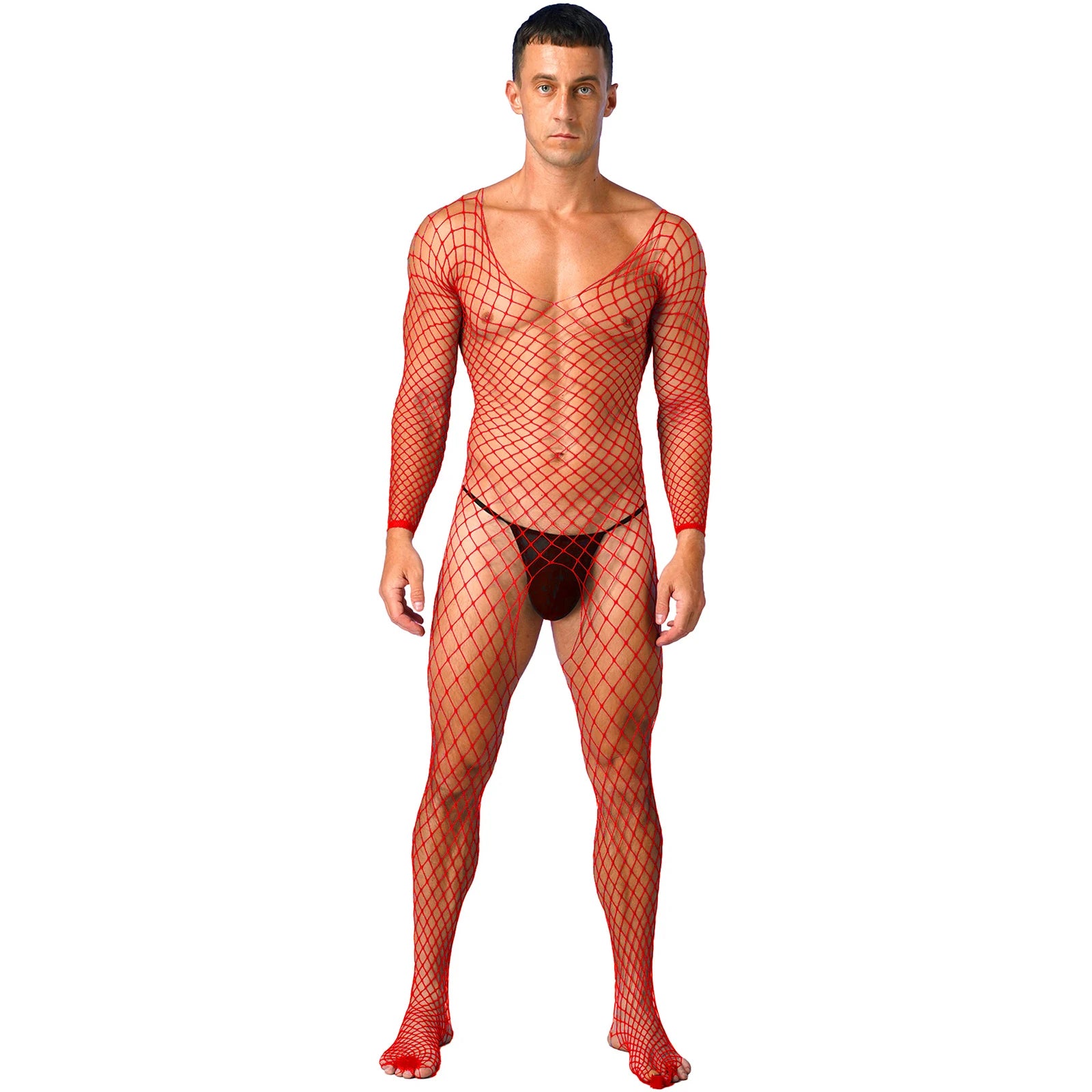 a sexy man in red Full Serve Net Bodystocking - pridevoyageshop.com - gay men’s harness, lingerie and fetish wear