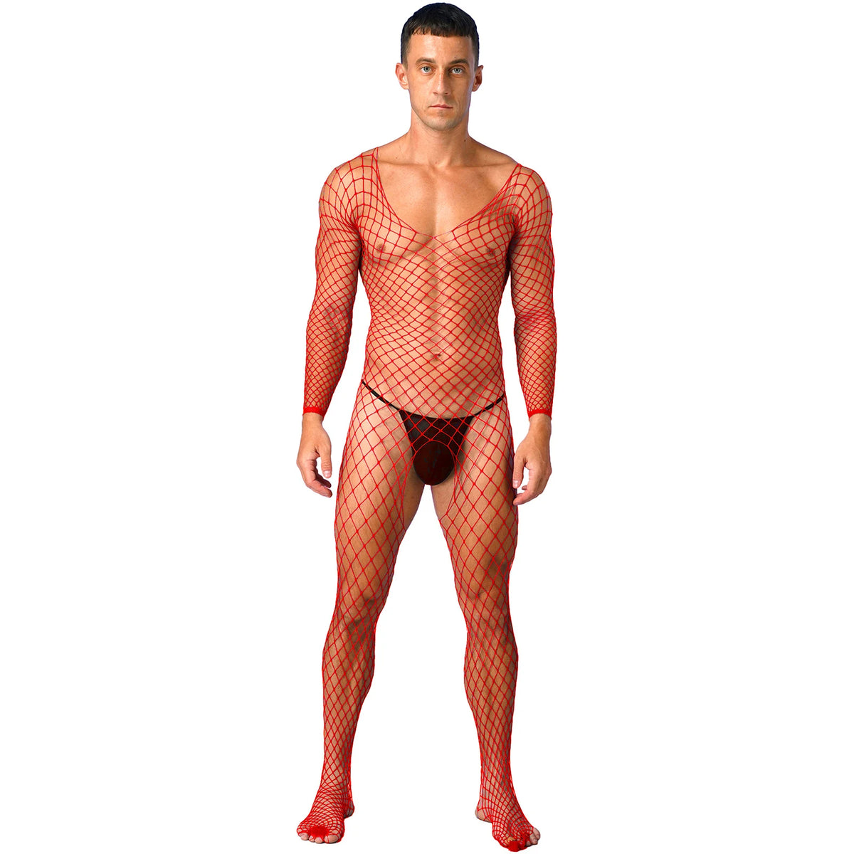 a sexy man in red Full Serve Net Bodystocking - pridevoyageshop.com - gay men’s harness, lingerie and fetish wear