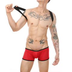 a sexy man in red Hookup Mesh Harness Singlet – pridevoyageshop.com – gay men’s harness, lingerie and fetish wear