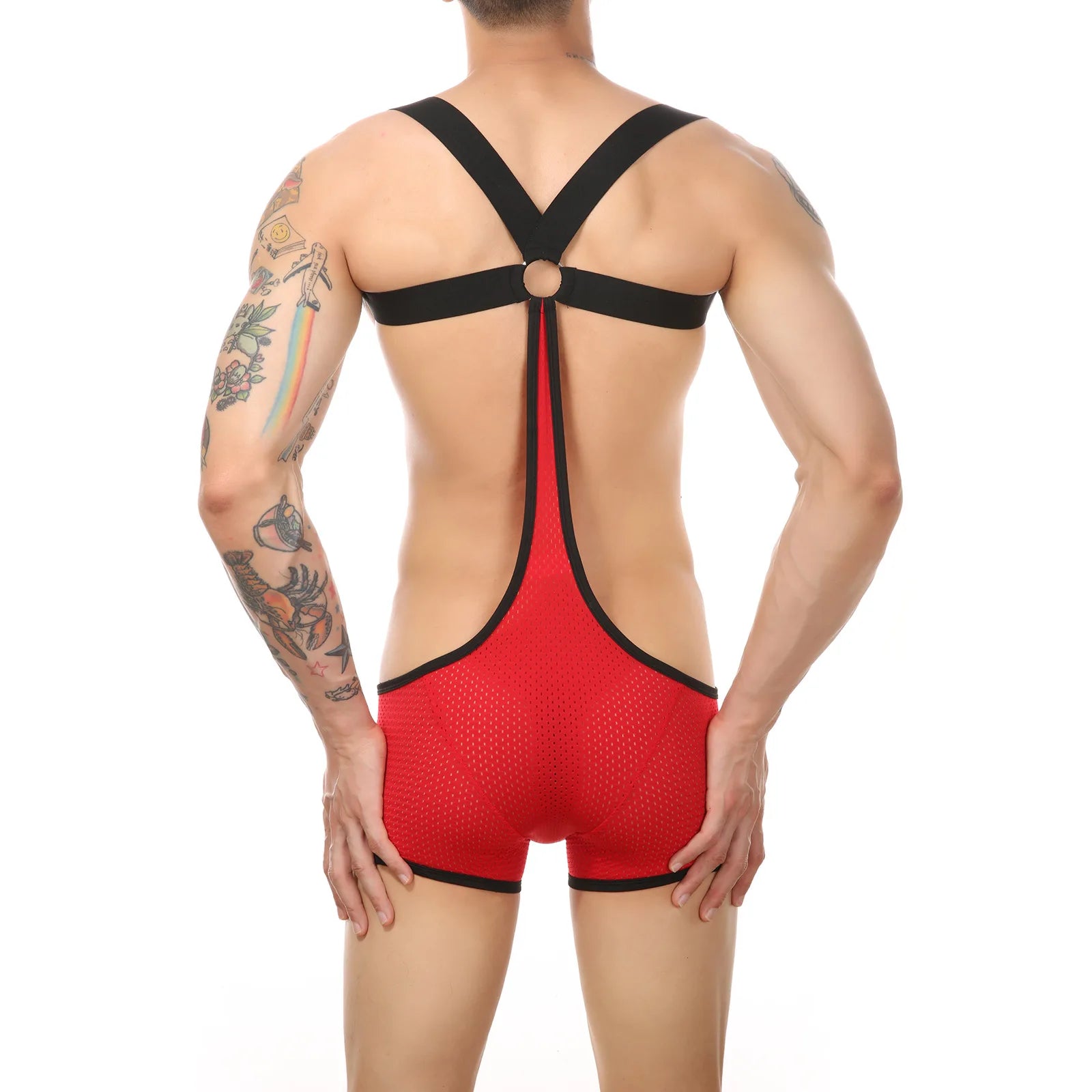 a sexy man in red Hookup Mesh Harness Singlet – pridevoyageshop.com – gay men’s harness, lingerie and fetish wear