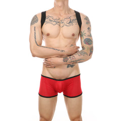 a sexy man in red Hookup Mesh Harness Singlet – pridevoyageshop.com – gay men’s harness, lingerie and fetish wear