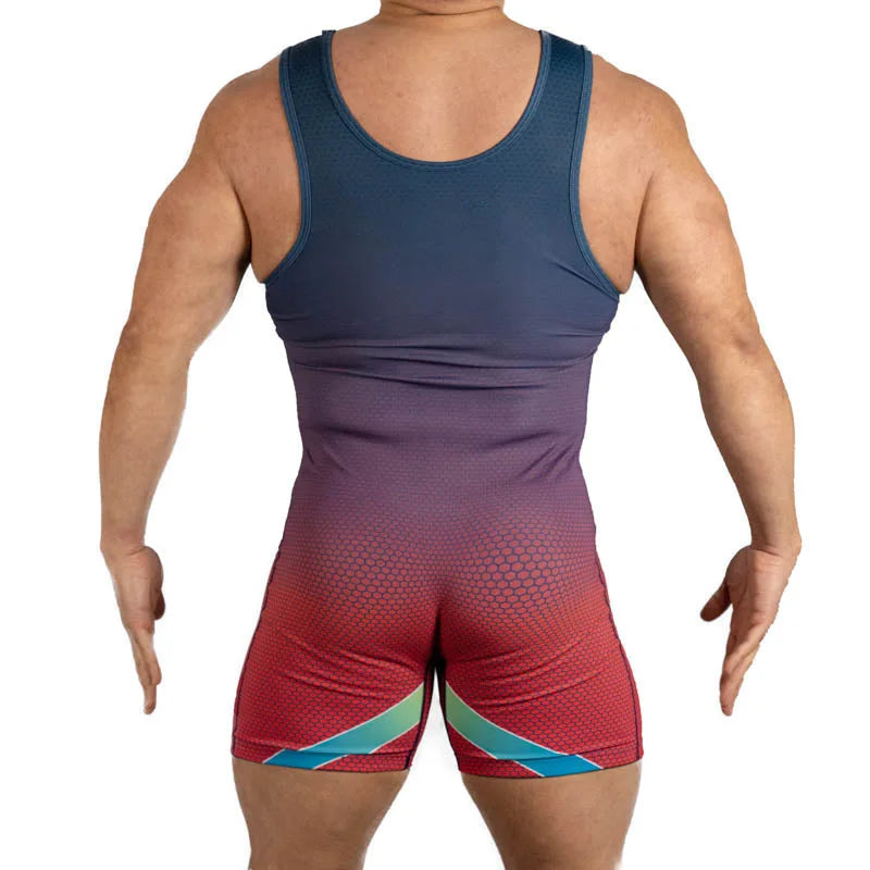 a sexy man in red Hunk’s Game Gradient Singlet – pridevoyageshop.com – gay men’s harness, lingerie and fetish wear