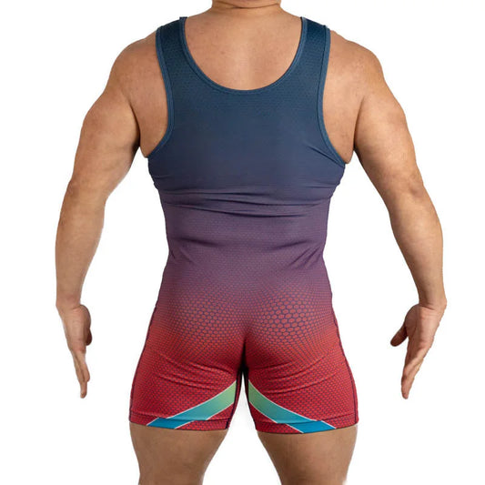 a sexy man in red Hunk’s Game Gradient Singlet – pridevoyageshop.com – gay men’s harness, lingerie and fetish wear