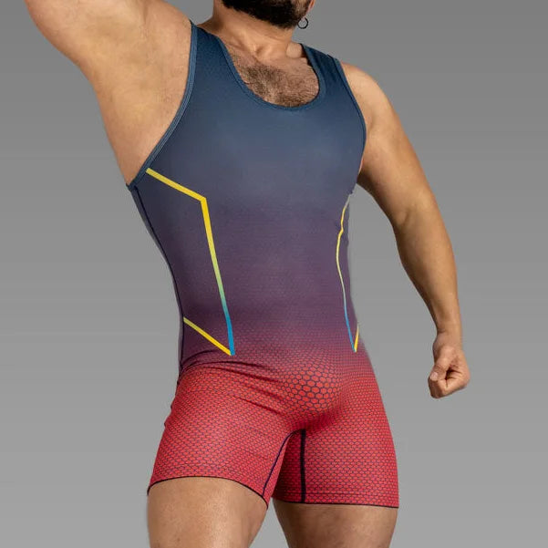 a sexy man in red Hunk’s Game Gradient Singlet – pridevoyageshop.com – gay men’s harness, lingerie and fetish wear
