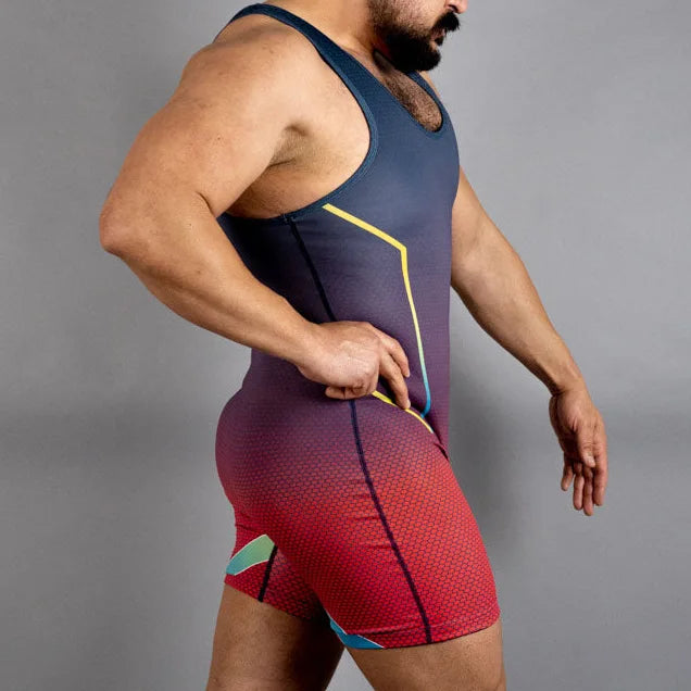 a sexy man in red Hunk’s Game Gradient Singlet – pridevoyageshop.com – gay men’s harness, lingerie and fetish wear