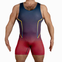 a sexy man in red Hunk’s Game Gradient Singlet – pridevoyageshop.com – gay men’s harness, lingerie and fetish wear