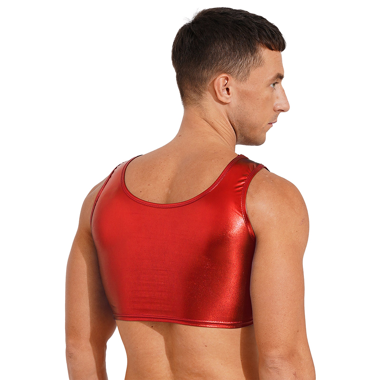 a sexy man in red Liquid Mercury Micro Metallic Vest - pridevoyageshop.com - gay men’s harness, lingerie and fetish wear