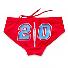 a sexy man in red Men’s Backdoor Access Zipper Swim Briefs - pridevoyageshop.com - gay men’s sexy swim briefs, trunks, board shorts, and bikinis