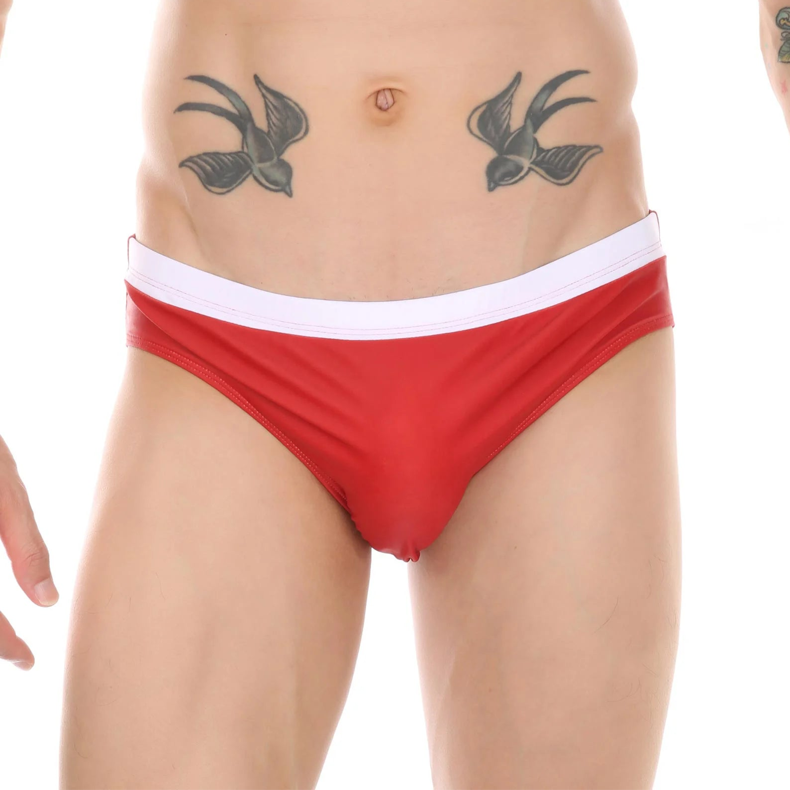 a sexy man in red Men’s Backdoor Signal Swim Briefs - pridevoyageshop.com - gay men’s sexy swim briefs, trunks, board shorts, and bikinis