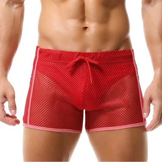 a sexy man in red Men’s Beacon Cruise Mesh Shorts – pridevoyageshop.com – gay men’s sexy swim briefs, trunks, board shorts, and bikinis