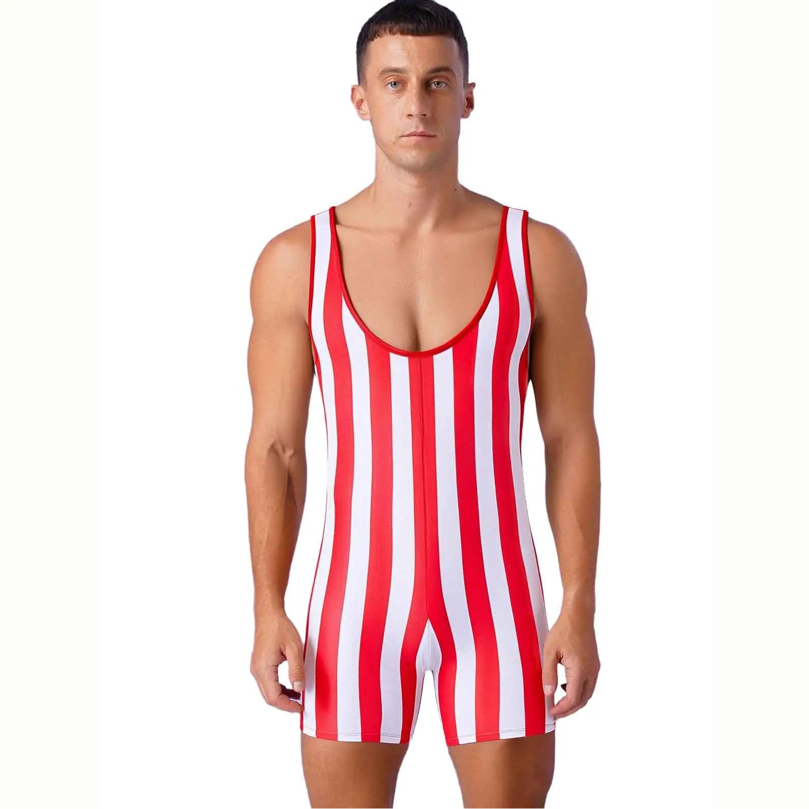 a sexy man in red Men’s Candy Striper Vintage Stripe Singlet – pridevoyageshop.com – gay men’s harness, lingerie and fetish wear