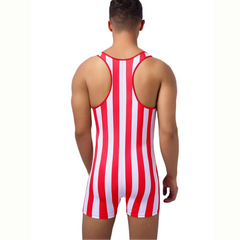 a sexy man in red Men’s Candy Striper Vintage Stripe Singlet – pridevoyageshop.com – gay men’s harness, lingerie and fetish wear