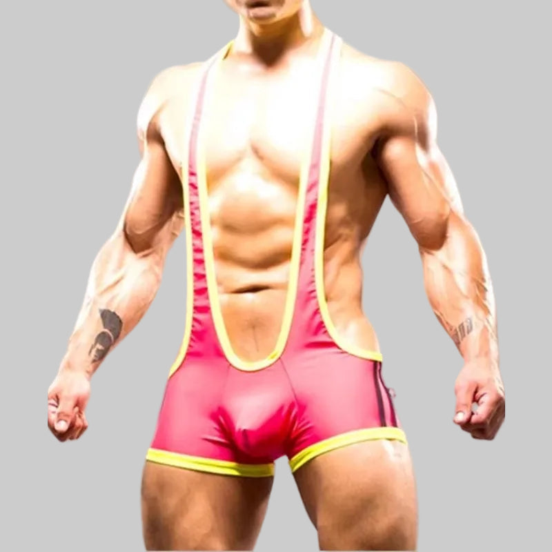 a sexy man in red Men’s Centerline Singlet – pridevoyageshop.com – gay men’s harness, lingerie and fetish wear