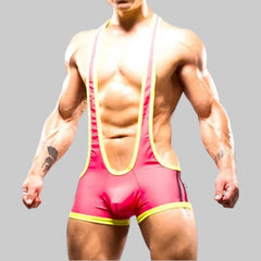 a sexy man in red Men’s Centerline Singlet – pridevoyageshop.com – gay men’s harness, lingerie and fetish wear