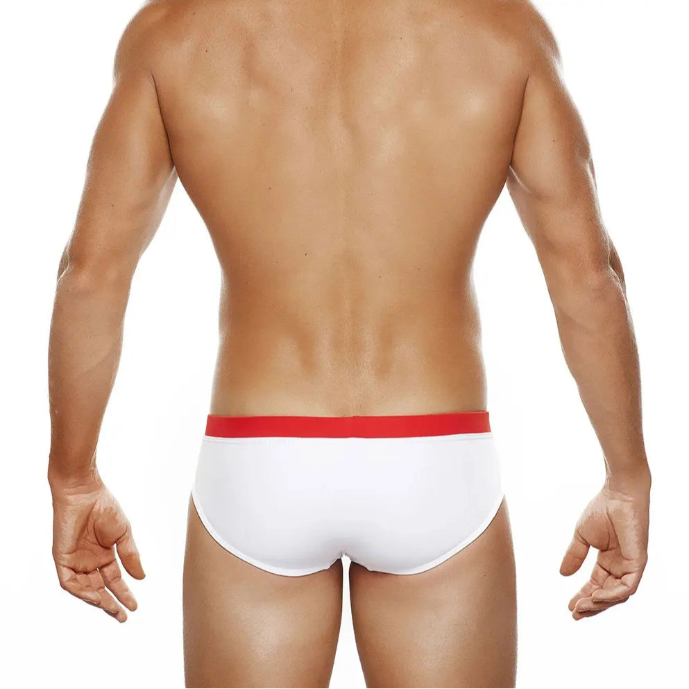 a sexy man in red Men’s Clean Line Hookup Swim Briefs - pridevoyageshop.com - gay men’s sexy swim briefs, trunks, board shorts, and bikinis