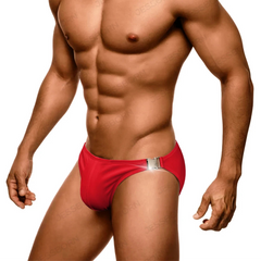 a sexy man in red Men’s Climax Buckle Bulge Swim Briefs - pridevoyageshop.com - gay men’s sexy swim briefs, trunks, board shorts, and bikinis