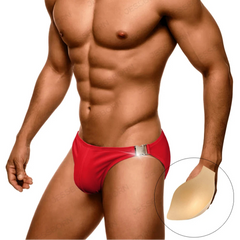 a sexy man in red Men’s Climax Buckle Bulge Swim Briefs with pad - pridevoyageshop.com - gay men’s sexy swim briefs, trunks, board shorts, and bikinis